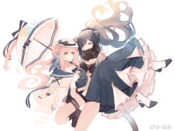 Rule 34 | 2girls, animal ears, arknights, artist name, black footwear, black scarf, black shirt, black shorts, blue bow, blue dress, bow, carrying, cat ears, cat girl, cat tail, ceylon (arknights), dress, earpiece, feather hair, foot out of frame, frilled dress, frills, grey hair, hair bun, hat, high heels, holding, holding umbrella, holster, jacket, long hair, looking at another, multiple girls, open clothes, open jacket, pink hair, princess carry, renren, scarf, schwarz (arknights), shirt, shorts, simple background, single hair bun, smile, strapless, tail, thigh holster, thigh strap, tube top, umbrella, white background, white footwear, white headwear, white jacket, yellow eyes, yuri