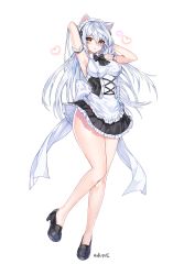 Rule 34 | 1girl, alternate breast size, animal ears, apron, arm garter, armpits, arms up, bare legs, bare shoulders, black dress, black footwear, bow, bowtie, breasts, cat ears, collared dress, dress, elsword, eve (elsword), facial mark, frilled apron, frilled dress, frills, full body, heart, high heels, highres, kemonomimi mode, large breasts, long hair, long legs, looking at viewer, maid, maid apron, maid headdress, mal poi, parted lips, simple background, sleeveless, sleeveless dress, solo, thighs, waist apron, white background, white hair, yellow eyes