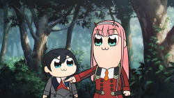 Rule 34 | 10s, 1boy, 1girl, :3, bkub (style), black hair, blue eyes, darling in the franxx, day, eye contact, eyeshadow, fake screenshot, forest, grey jacket, hairband, highres, hiro (darling in the franxx), jacket, long hair, long sleeves, looking at another, makeup, murasaki saki, nature, outdoors, pink hair, pipimi, poptepipic, popuko, red jacket, spoilers, tree, zero two (darling in the franxx)