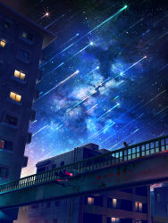 Rule 34 | 1girl, absurdres, balcony, black hair, building, city, commentary request, highres, index finger raised, long hair, meteor shower, milky way, moon, night, original, outdoors, pedestrian bridge, pointing, railing, scenery, shirt, short sleeves, sky, smile (qd4nsvik), solo, standing, star (sky), starry sky, traffic light, white shirt, window