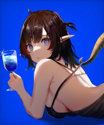 Rule 34 | 1girl, alternate costume, arknights, bare arms, bare back, bare shoulders, black dress, black hair, blue background, blue eyes, blue hair, breasts, commentary, cup, dress, drinking glass, eix2, eunectes (arknights), female focus, highres, holding, holding cup, large breasts, looking at viewer, multicolored hair, one side up, parted lips, pointy ears, short hair, simple background, snake tail, solo, tail, upper body, wine glass