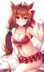 Rule 34 | 1girl, :o, animal ears, bare arms, bare shoulders, bikini, blush, bow, breasts, brown hair, cleavage, collarbone, daiwa scarlet (trifle vacation) (umamusume), daiwa scarlet (umamusume), hair bow, hair intakes, hair ornament, highres, horse ears, horse girl, kneeling, large breasts, long hair, looking at viewer, navel, parted lips, red bikini, red bow, red eyes, sanotsuki, simple background, solo, swimsuit, umamusume, white background