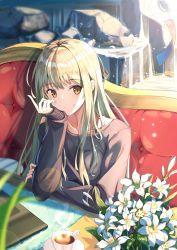 Rule 34 | 1girl, black sweater, blonde hair, blush, bouquet, bra strap, breasts, brown eyes, closed mouth, collarbone, computer, couch, cup, day, flower, highres, laptop, lens flare, long hair, long sleeves, looking at viewer, medium breasts, mobu (wddtfy61), on couch, original, rock, sitting, sleeves past wrists, smile, solo, sunlight, sweater, table, tablecloth, tea, teacup, upper body, water, white flower, wind chime, wooden table