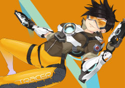 Rule 34 | 1girl, bad id, bad pixiv id, black hair, bodysuit, character name, dual wielding, earrings, goggles, gun, holding, jacket, jewelry, looking at viewer, miyamae (miyazen9311), overwatch, overwatch 1, short hair, simple background, smile, solo, spiked hair, thigh strap, tracer (overwatch), weapon
