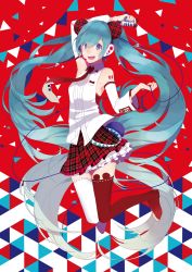 Rule 34 | 1girl, :d, aqua eyes, aqua hair, arm up, armpits, asymmetrical legwear, bare shoulders, boots, breasts, cable, checkered clothes, checkered skirt, detached sleeves, hair between eyes, hatsune miku, highres, holding, holding microphone, jumping, long hair, microphone, necktie, open mouth, pleated skirt, red necktie, red skirt, red thighhighs, saine, shirt, skirt, sleeveless, sleeveless shirt, small breasts, smile, solo, thigh boots, thighhighs, twintails, uneven legwear, very long hair, vocaloid, white shirt, white sleeves, white thighhighs