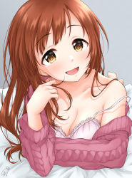 Rule 34 | 1girl, :d, argyle, argyle clothes, argyle sweater, bed sheet, blush, breasts, brown eyes, brown hair, camisole, cleavage, collarbone, funxy k, grey background, twirling hair, highres, idolmaster, idolmaster cinderella girls, igarashi kyoko, jacket, looking at viewer, lying, medium breasts, on stomach, open mouth, pink jacket, simple background, smile, solo, straight hair, strap slip, sweater, sweater jacket