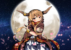 Rule 34 | belt, blush, brown eyes, brown hair, chain, cloak, crossed arms, cuffs, frills, full moon, gold chain, grey skirt, horn ornament, horns, ibuki suika, jewelry, kapiten70, long hair, looking at viewer, moon, petals, red scarf, scarf, shackles, sidelocks, skirt, sky, smile, solo, star (sky), starry sky, tattoo, touhou, upper body