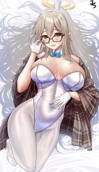 Rule 34 | 1girl, akane (blue archive), akane (bunny) (blue archive), animal ears, black-framed eyewear, blue archive, blue bow, blue bowtie, bow, bowtie, breasts, breasts apart, brown eyes, collarbone, detached collar, fake animal ears, glasses, gloves, grin, halo, highleg, highleg leotard, highres, jungtong, large breasts, leotard, looking at viewer, lying, on back, pantyhose, playboy bunny, rabbit ears, smile, solo, strapless, strapless leotard, traditional bowtie, white gloves, white leotard, white pantyhose