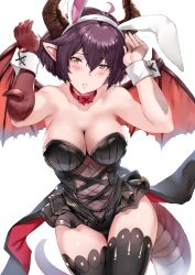 Rule 34 | 10s, 1girl, ahoge, alternate costume, animal ears, arms up, asymmetrical arms, bare shoulders, black leotard, black thighhighs, blush, breasts, brown eyes, choker, cleavage, dragon girl, dragon horns, dragon tail, dragon wings, fake animal ears, female focus, fishnets, grea (shingeki no bahamut), hair between eyes, hews, horns, large breasts, legs, leotard, looking at viewer, navel, parted lips, playboy bunny, pointy ears, purple hair, rabbit ears, red choker, red ribbon, ribbon, ribbon choker, see-through, shingeki no bahamut, short hair, simple background, solo, strapless, strapless leotard, tail, thighhighs, waist cape, white background, wings, wrist cuffs