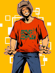 Rule 34 | 1boy, black hair, bracelet, brother, cowboy hat, denim, freckles, hat, jeans, jewelry, loose clothes, male focus, mojisan, one piece, pants, portgas d. ace, shirt, siblings, simple background, smile, solo, standing, t-shirt, yellow theme