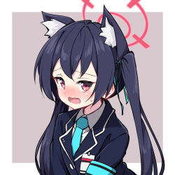 Rule 34 | 1girl, animal ear fluff, animal ears, black hair, black jacket, blazer, blue archive, blue necktie, blue ribbon, blush, border, cat ears, cat girl, collared shirt, extra ears, fang, hair ribbon, halo, hazumi otoya, highres, id card, jacket, long hair, looking at viewer, necktie, open mouth, outside border, red eyes, ribbon, serika (blue archive), shirt, solo, sweatdrop, twintails, upper body, white border, white shirt