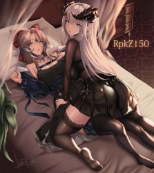 Rule 34 | 2girls, ass, au ra, bed, black skirt, black thighhighs, blue eyes, blue jacket, breasts, brown hair, check copyright, commission, copyright request, cross, cross earrings, earrings, final fantasy, final fantasy xiv, green eyes, grey hair, highres, horns, indoors, jacket, jewelry, large breasts, long hair, long sleeves, looking at viewer, looking back, lying, mad kimo, medium breasts, medium hair, multiple girls, on back, on bed, original, parted lips, pointy ears, signature, skirt, soles, thighhighs, thighs, warrior of light (ff14), yuri