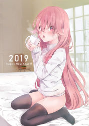 Rule 34 | 1girl, 2019, bed, black thighhighs, cup, eijitsu, hand to own mouth, happy new year, highres, holding, jewelry, long hair, mug, new year, no pants, open mouth, original, panties, pink eyes, pink hair, pink panties, polka dot, polka dot panties, ring, sitting, solo, steam, sweater, thighhighs, underwear, very long hair, wedding band, white sweater, window