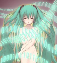 Rule 34 | 1girl, binary, censored, convenient censoring, closed eyes, female focus, green hair, hatsune miku, long hair, nude, open mouth, solo, twintails, very long hair, vocaloid, yasai yuuki