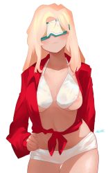 Rule 34 | 1girl, absurdres, arm behind back, bikini, blonde hair, blush, breasts, closed mouth, collared shirt, cowboy shot, goggles, hand on own hip, highres, long hair, long sleeves, medium breasts, miami-chan (ryusei hashida), nipple slip, nipples, open clothes, open shirt, original, red shorts, ryusei hashida, shirt, shorts, signature, simple background, smile, solo, standing, straight hair, swimsuit, tied shirt, white background, white bikini