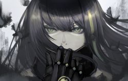 Rule 34 | black hair, brown eyes, close-up, closed mouth, commentary, english commentary, eyebrows, girls&#039; frontline, green hair, grey background, hand to own mouth, highres, long hair, looking at viewer, m4a1 (girls&#039; frontline), m4a1 (mod3) (girls&#039; frontline), mechanical hands, multicolored background, multicolored hair, nemuneeeeeeeemu, scarf, sidelocks, single mechanical hand, solo, streaked hair, white background