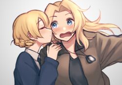 Rule 34 | 2girls, absurdres, black necktie, black tank top, blonde hair, blue eyes, blue sweater, blush, braid, brown jacket, closed eyes, collared shirt, commentary request, darjeeling (girls und panzer), dog tags, dress shirt, french braid, girls und panzer, grey background, hands on another&#039;s shoulder, highres, jacket, kay (girls und panzer), long hair, long sleeves, looking at another, m1saki 1, multiple girls, necktie, open mouth, saunders military uniform, school uniform, shirt, short hair, simple background, smile, st. gloriana&#039;s school uniform, sweater, tank top, uniform, upper body, v-neck, white shirt, wing collar, yuri
