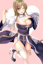 Rule 34 | 1girl, ;d, arch bishop (ragnarok online), blonde hair, blue eyes, blush, breasts, cleavage, collarbone, covered erect nipples, dress, heart, high collar, high heels, juliet sleeves, large breasts, leg up, long hair, long sleeves, looking at viewer, one eye closed, open mouth, pelvic curtain, pink background, puffy sleeves, purple dress, purple footwear, ragnarok online, ribbon, sail (sail-away), shoes, side slit, smile, solo, teeth, thighhighs, thighs, two-tone dress, upper teeth only, white dress, white thighhighs, wide sleeves, yellow ribbon