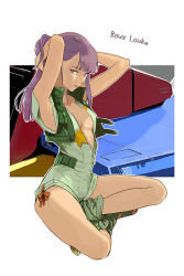 Rule 34 | 1girl, arms behind head, bare arms, bare legs, blunt bangs, breasts, character name, crossed legs, ebba, gundam, gundam zz, leotard, long hair, looking at viewer, mecha, medium breasts, open clothes, ponytail, purple eyes, purple hair, red ribbon, ribbon, robot, roux louka, sitting, solo, vest, zipper