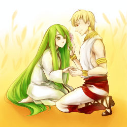 Rule 34 | 2boys, abaishumei, androgynous, armlet, bad id, bad pixiv id, barefoot, blonde hair, bracelet, earrings, enkidu (fate), fate/strange fake, fate/zero, fate (series), flower, gilgamesh (fate), green eyes, green hair, hair flower, hair ornament, jewelry, long hair, male focus, multiple boys, necklace, one eye closed, red eyes, sandals, toga, trap, wink, yellow background