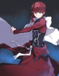 Rule 34 | 1boy, archer (fate), belt, blurry, capelet, clothes around waist, commentary request, cowboy shot, cropped jacket, depth of field, emiya shirou, emiya shirou (prisma illya), expressionless, fate/kaleid liner prisma illya, fate (series), headband, jacket, limited/zero over, long sleeves, looking at viewer, male focus, official alternate costume, open clothes, open jacket, parted lips, red hair, red jacket, shaded face, solo, standing, tsuezu, yellow eyes