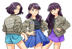 Rule 34 | absurdres, ass, a~chan, black nails, black shirt, blue shorts, blue skirt, blush, brown jacket, clenched teeth, commentary request, eggloaf, grin, hand in pocket, hands on own hips, high-waist skirt, highres, jacket, kashiyuka, long hair, long sleeves, looking back, looking to the side, nail polish, nocchi (perfume), open clothes, open jacket, pencil skirt, perfume (band), pleated skirt, pocket, purple hair, purple skirt, radiation symbol, shirt, short hair, shorts, simple background, skirt, sleeves pushed up, smile, star-shaped pupils, star (symbol), symbol-shaped pupils, teeth, white background