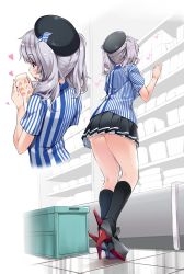 Rule 34 | 1girl, :d, ass, black hat, black skirt, black socks, blue shirt, blush, foreshortening, from behind, gluteal fold, grey hair, hat, heart, high heels, highres, holding, indoors, kantai collection, kashima (kancolle), kneehighs, kneepits, multiple views, musical note, nironiro, open mouth, pleated skirt, shirt, short hair, short sleeves, skirt, smile, socks, standing, striped clothes, striped shirt, twintails, vertical stripes