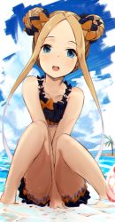 Rule 34 | 1girl, :d, abigail williams (emerald float) (fate), abigail williams (fate), ball, bare arms, bare legs, bare shoulders, barefoot, beachball, between legs, bikini, black bikini, black bow, blonde hair, blue eyes, blue sky, blush, bow, cloud, cloudy sky, collarbone, commentary request, day, double bun, emerald float, fate/grand order, fate (series), forehead, hair bow, hair bun, hand between legs, horizon, knees up, long hair, looking at viewer, ocean, official alternate costume, open mouth, orange bow, palm tree, parted bangs, polka dot, polka dot bow, samescher, shallow water, sidelocks, sitting, sky, smile, solo, summer, swimsuit, tree, very long hair, water