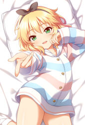 1girl bed_sheet black_ribbon blonde_hair buttons commentary_request flat_chest fuu_(koneko_no_yomeiri) green_eyes hair_ribbon hand_up idolmaster idolmaster_cinderella_girls idolmaster_cinderella_girls_u149 light_blush long_sleeves looking_at_viewer lying medium_hair on_bed open_mouth pajamas pillow pointing pointing_at_viewer ribbon sakurai_momoka sidelocks smile socks solo striped_clothes striped_pajamas thighs wavy_hair white_pajamas white_socks