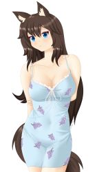 Rule 34 | 1girl, absurdres, animal ears, arms behind back, bare shoulders, blue dress, blue eyes, blush, breasts, brown hair, brown tail, cat ears, cat girl, cat tail, cleavage, dress, fluffy, highres, long hair, looking at viewer, medium breasts, short dress, solo, tail, takie, takie arts, tight clothes, tight dress