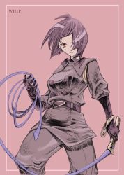 Rule 34 | 1girl, brown eyes, brown hair, female focus, gloves, military, military uniform, pink background, short hair, snk, solo, the king of fighters, uniform, whip, whip (kof)