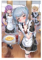 Rule 34 | 3girls, absurdres, akebono (kancolle), alternate costume, apron, black dress, blonde hair, blush, bridal garter, brown eyes, closed mouth, double bun, dress, drink, enmaided, food, frills, grey hair, hair between eyes, hair bun, hair ornament, hair ribbon, hand on own hip, highres, holding, holding tray, indoors, kantai collection, kasumi (kancolle), ketchup, kneehighs, long hair, looking at viewer, looking away, maid, maid apron, maid headdress, michishio (kancolle), multiple girls, nedia (nedia region), non-web source, omelet, omurice, open mouth, puffy short sleeves, puffy sleeves, purple eyes, purple hair, red neckwear, red ribbon, ribbon, scan, shoes, short hair, short sleeves, side ponytail, socks, standing, sweatdrop, thigh strap, tray, waist apron, white legwear, window, wrist cuffs, yellow eyes