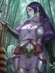 Rule 34 | 1girl, arm guards, bamboo, bamboo forest, bodysuit, breasts, commentary, curvy, fate/grand order, fate (series), fingerless gloves, floral print, forest, gloves, highres, large breasts, long hair, looking to the side, low-tied long hair, minamoto no raikou (fate), nature, parted bangs, purple bodysuit, purple eyes, purple hair, scabbard, sciamano240, sheath, solo, standing, sunlight, very long hair