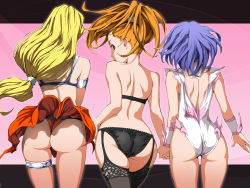 Rule 34 | 3girls, angel leotard, ass, back, backless leotard, bad id, bad pixiv id, barbara (dq6), black bra, black panties, black thighhighs, blonde hair, blue hair, bra, clothes lift, cowboy shot, dancer&#039;s costume (dq), dragon quest, dragon quest vi, female focus, from behind, garter straps, gradient background, highres, holding hands, lace, lace-trimmed legwear, lace trim, leotard, letterboxed, lingerie, long hair, looking back, low-tied long hair, masayan (minor-ms), mireyu, multiple girls, orange hair, outline, panties, pink background, red panties, sexy underwear (dq), side-by-side, skindentation, standing, tania (dq6), thigh strap, thighhighs, thighs, underwear, underwear only, very long hair, wallpaper, wind, wind lift