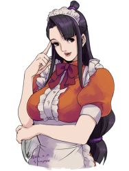 Rule 34 | 1girl, ace attorney, apron, black eyes, black hair, bow, half updo, long hair, maya fey, mia fey, mole, mole under mouth, official alternate costume, phoenix wright: ace attorney - trials and tribulations, ribbon, smile, solo, suzuki hayase, topknot, tray, waitress, white background