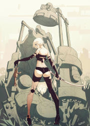 Rule 34 | 1girl, after battle, back, elbow gloves, from behind, gloves, high heels, highres, joints, looking at viewer, looking back, machine (nier), nier (series), nier:automata, ozkh, robot, robot joints, short hair, short shorts, shorts, silver hair, standing, sword, thong, weapon, a2 (nier:automata)