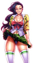 Rule 34 | 1girl, abs, alternate costume, asymmetrical hair, black hair, breasts, cameltoe, capcom, chiba toshirou, clothes lift, dark-skinned female, dark skin, earrings, gluteal fold, green skirt, highres, jewelry, large breasts, laura matsuda, looking at viewer, nail polish, navel, panties, pantyshot, pink nails, skindentation, skirt, skirt lift, sleeves rolled up, smile, solo, stomach, street fighter, street fighter v, thigh gap, thighs, thong, underwear, white legwear