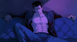 Rule 34 | 1boy, 4305869 (pixiv4305869), abs, absurdres, arm rest, belt, blazer, blue pants, blue theme, cigarette, couch, highres, jacket, knee up, leaning back, limited palette, long sleeves, looking ahead, male focus, mitsui hisashi, mouth hold, navel, open clothes, open jacket, outstretched arms, pants, pompadour, purple background, short hair, sitting, slam dunk (series), smoke, smoking, solo, toned, toned male