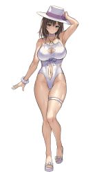 Rule 34 | 1girl, amiba (nerdamiba), bare shoulders, braid, breasts, brown hair, charlotte corday (fate), charlotte corday (swimsuit caster) (fate), charlotte corday (swimsuit caster) (second ascension) (fate), cleavage, collarbone, fate/grand order, fate (series), full body, green eyes, hat, highleg, highleg swimsuit, highres, jewelry, large breasts, looking at viewer, necklace, one-piece swimsuit, short hair, side braid, skindentation, solo, sun hat, swimsuit, transparent background, white hat, white one-piece swimsuit
