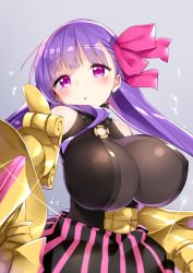 Rule 34 | 10s, 1girl, belt, black shirt, breasts, fate/extra, fate/extra ccc, fate (series), foreshortening, impossible clothes, impossible shirt, large breasts, long hair, o-ring, open mouth, outstretched arm, passionlip (fate), purple eyes, purple hair, ribbon, shirt, skirt, sleeveless, sleeveless shirt, solo, tousaki shiina, upper body, very long hair