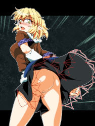 Rule 34 | 1girl, arm warmers, ass, bad id, bad pixiv id, blonde hair, blush, censored, fang, female focus, green eyes, letterboxed, looking at viewer, looking back, mizuhashi parsee, no panties, ootsuki wataru, open mouth, pointy ears, pussy, shirt, short sleeves, skirt, solo, touhou, upskirt, wide-eyed