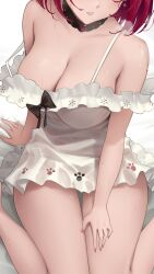 Rule 34 | 1girl, absurdres, bare shoulders, black panties, breasts, choker, cleavage, covered navel, dress, highres, hololive, hololive english, irys (casualrys) (hololive), irys (hololive), lace-trimmed choker, lace trim, large breasts, legs, official alternate costume, panties, red hair, see-through, short hair, simple background, solo, somebody (leiking00), sweat, underwear, virtual youtuber, white background, white dress