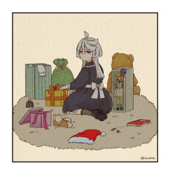 Rule 34 | 1girl, aged down, black dress, black footwear, book, boots, box, child, closed mouth, commentary request, doll, dress, expressionless, full body, gift, gift box, gundam, gundam suisei no majo, hat, kneeling, long hair, looking at viewer, miorine rembran, santa hat, solo, stuffed animal, stuffed toy, teddy bear, unworn boots, unworn hat, unworn headwear, vt104k, white hair