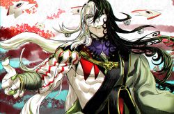 Rule 34 | 1boy, ashiya douman (fate), asymmetrical clothes, asymmetrical hair, bell, black eyes, black hair, blood, blood from mouth, curly hair, earrings, eyeshadow, fate/grand order, fate (series), fingernails, floating, floating hair, floating object, flower, green eyeshadow, green kimono, green lips, green nails, hair bell, hair between eyes, hair intakes, hair ornament, highres, japanese clothes, jewelry, kimono, lipstick, long hair, looking up, magatama, magatama earrings, makeup, male focus, messy hair, multicolored hair, nail polish, naki (naki 1027), open clothes, open kimono, outstretched arms, red flower, ribbed sleeves, sharp fingernails, shikigami, solo, split-color hair, spread arms, toned, toned male, two-tone hair, upper body, very long fingernails, very long hair, white hair