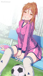 Rule 34 | 1girl, absurdres, ball, bench, blush, brown eyes, brown hair, chain-link fence, collarbone, covered erect nipples, fence, gloves, goalkeeper, grass, grin, highres, kanikatsuya, long sleeves, looking at viewer, original, outdoors, pink gloves, pink shirt, pink shorts, shirt, shorts, sitting, smile, soccer, soccer ball, soccer uniform, solo, sportswear, sweat, teeth, unworn gloves