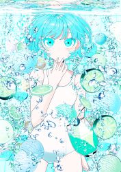 Rule 34 | air bubble, aqua eyes, aqua hair, bare arms, bare shoulders, bubble, closed mouth, cowboy shot, cup, drinking glass, food, fruit, hand up, highres, ice cream, lime (fruit), lime slice, mint, one-piece swimsuit, original, ouchi kaeru, plant, short hair, swimsuit, underwater, white one-piece swimsuit, wine glass