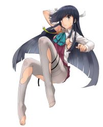 Rule 34 | 10s, 1girl, arm behind head, arm up, bad id, bad pixiv id, barefoot, black hair, blue bow, blue bowtie, bow, bowtie, breasts, brown eyes, burnt clothes, collared shirt, commentary, convenient leg, feet, foreshortening, full body, grey pantyhose, hayashimo (kancolle), invisible chair, jpeg artifacts, kantai collection, long hair, long sleeves, looking at viewer, md5 mismatch, no bra, osananajimi neko, pantyhose, plantar flexion, purple skirt, resized, shirt, sideboob, sidelocks, sitting, skirt, small breasts, solo, straight hair, sweat, swept bangs, thigh strap, thighband pantyhose, toes, torn clothes, torn pantyhose, torn skirt, very long hair, wing collar