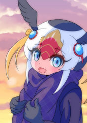 Rule 34 | 10s, black hair, blonde hair, blue eyes, cloud, cloudy sky, feathered wings, gloves, hair ornament, hairclip, head wings, highres, kemono friends, mamiyama, multicolored hair, open mouth, red hair, scarf, sky, solo, tufted puffin (kemono friends), upper body, white hair, wings