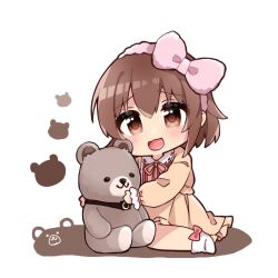 Rule 34 | 1girl, blush, bow, brown dress, brown eyes, brown hair, chibi, commentary, dress, hair bow, highres, holding, holding stuffed toy, idolmaster, idolmaster cinderella girls, kita hinako, long sleeves, looking at viewer, on floor, open mouth, pink bow, short hair, sidelocks, sitting, smile, socks, stuffed animal, stuffed toy, symbol-only commentary, teddy bear, tko0, white background, white socks