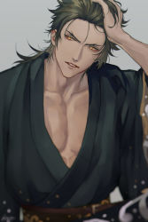 Rule 34 | 1boy, absurdres, blurry, brown hair, collarbone, depth of field, eyelashes, forked eyebrows, green hair, grey background, hair slicked back, hair strand, hand in own hair, hand on own head, hand up, head tilt, highres, japanese clothes, kimono, long hair, long sleeves, looking at viewer, looking away, male focus, mutsu-no-kami yoshiyuki, obi, oppi (ksop28), parted lips, pectoral cleavage, pectorals, sash, sidelocks, signature, simple background, smile, solo, toned, toned male, touken ranbu, upper body, wide sleeves, yellow eyes